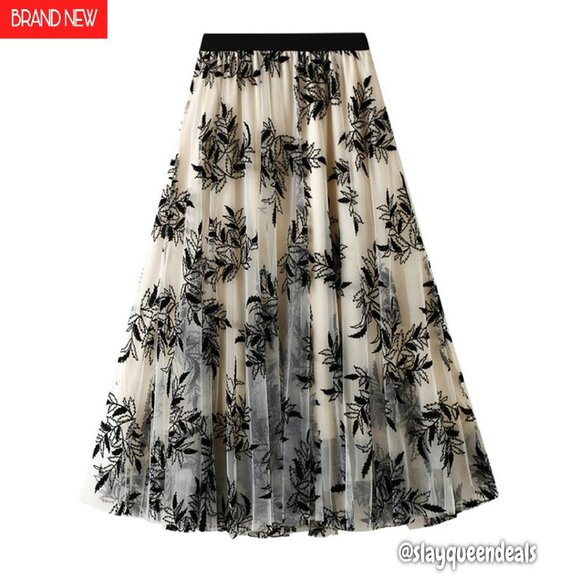 A-Line Midi Skirt Elastic Waist Tulle Layered Ruffle Fairy Pattern